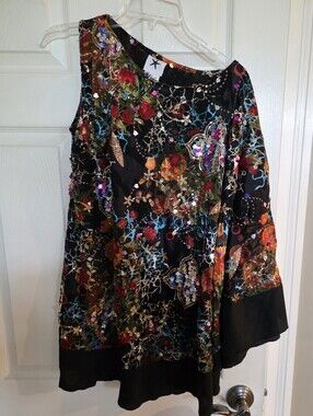 Colorful Beaded Sequins Lined 100% Silk One Shoulder Flowy Blouse M/L